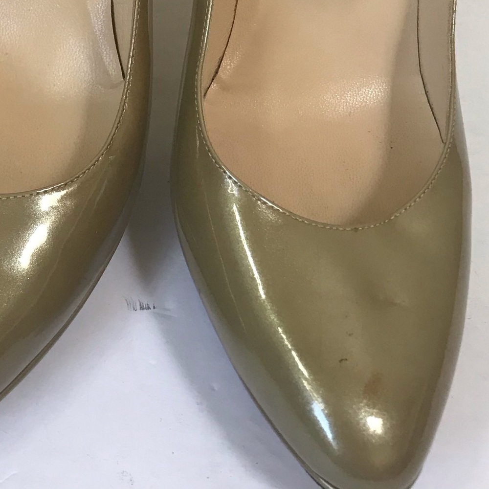 Jimmy Choo Patent Beige Platform Heels Pumps Shoes Almond Toe Wedge Heel Sexy - Picture 16 of 16